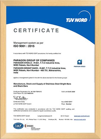 Verified Certification of Work for Paragon Steels. Certified by TUV Nord.